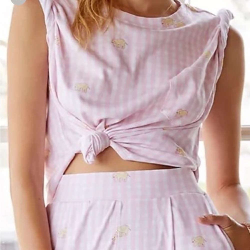 Roller Rabbit pink gingham check one pocket crop cotton baby tee pajama top sz L